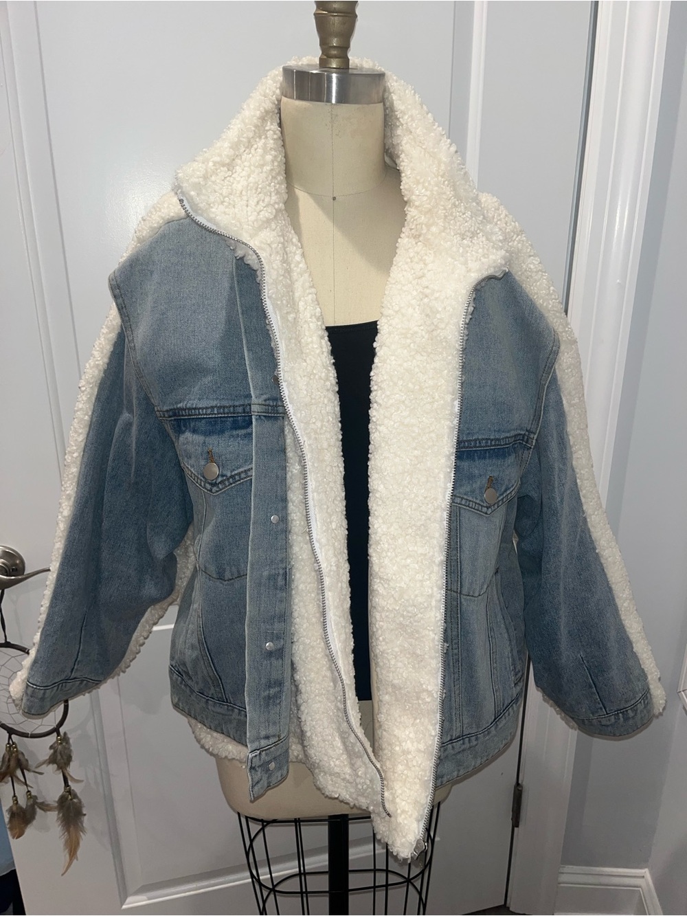 Sherpa Denim Combo Jacket - Light Blue/White
